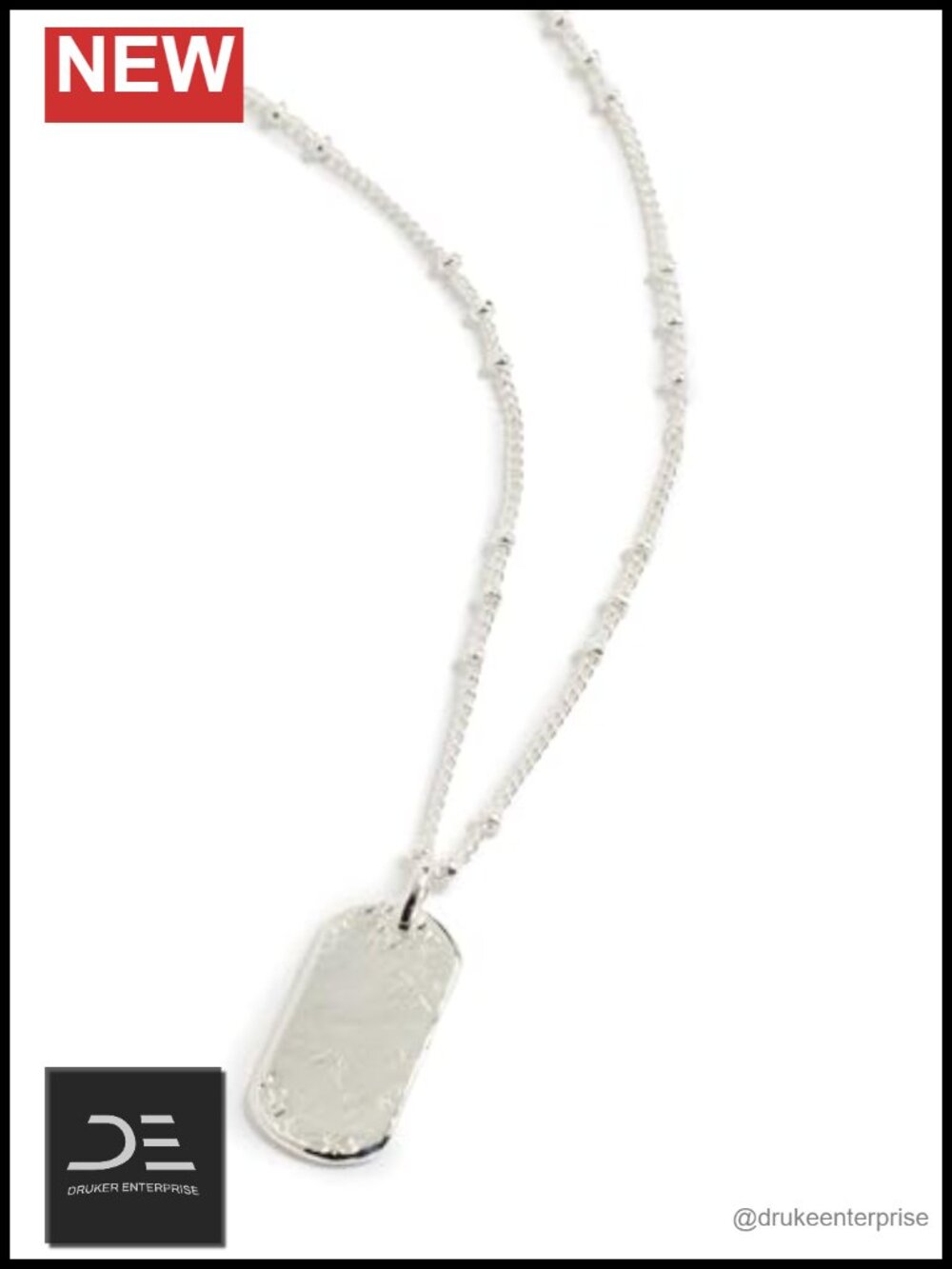 Hammered Dog Tag Necklace, Beaded Chain, Spring Ring Clasp, Silver Plated